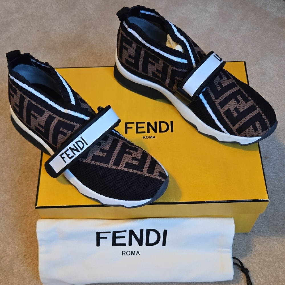 Fendi Black and Brown Logo Slip-Ons